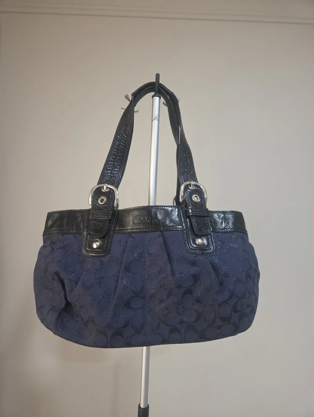 Coach Soho  Signature Jacquard Shoulder Bag with Black Leather Trim 17×8×5in.